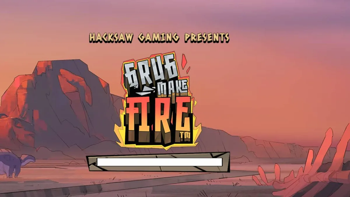 Tampilan visual slot Grug Make Fire dengan tema prasejarah yang gelap dan penuh api