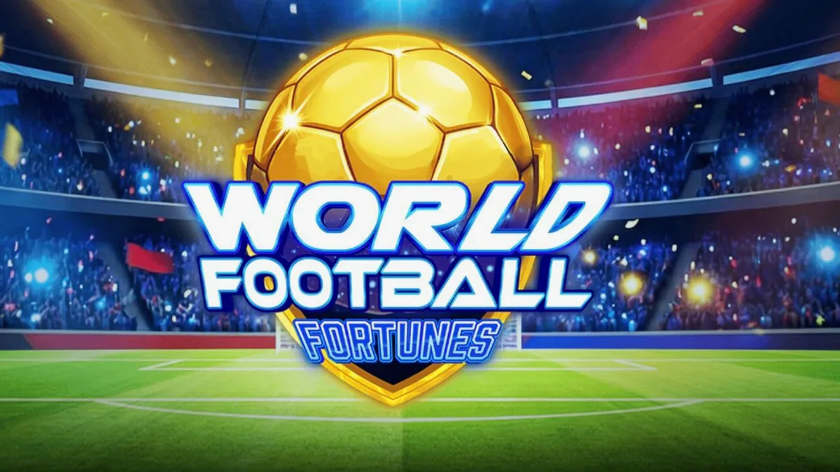 Tampilan visual slot World Football Fortunes dengan latar belakang stadion yang megah dan simbol-simbol sepak bola yang bercahaya.