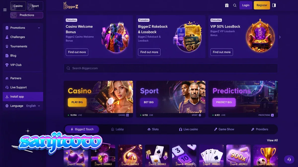 Antarmuka platform BiggerZ yang menampilkan berbagai opsi permainan dan taruhan
